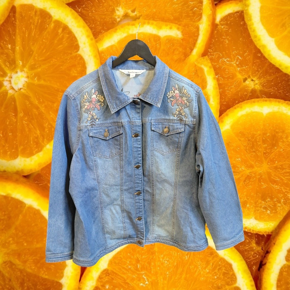 Tantrums Women's Embroidered Denim Jacket Medium Wash Long Sleeve‎ Blue XL - Picture 2 of 11